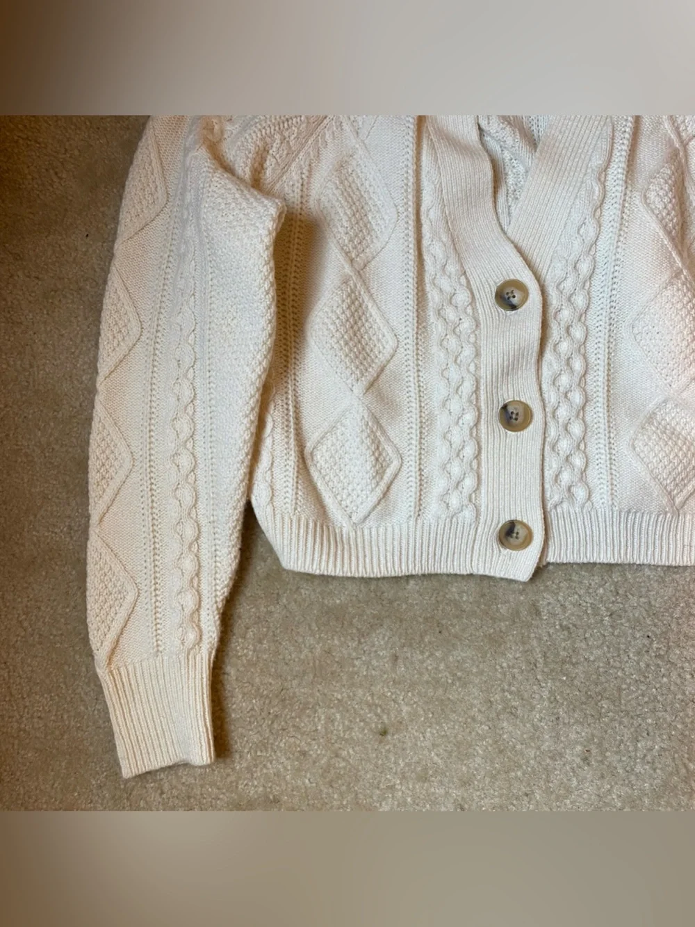 Madewell Cable Knit V-Neck Crop Cottagecore Cardigan Sweater in Cream Size Small